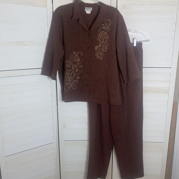 Bon Worth Vintage Button Up Top & Pants Outfit Set Small Petite Embroidered - Picture 1 of 10